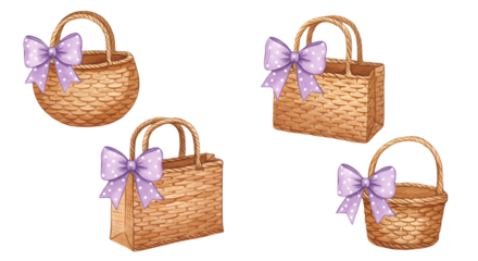 Illustration Of Four Wicker Baskets With Purple Bows And Transparent Background