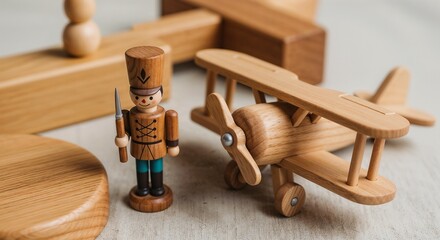 Wooden toys crafted from light and dark wood showcase a vintage toy aesthetic. Toy airplane and toy soldier are part of toy collection.