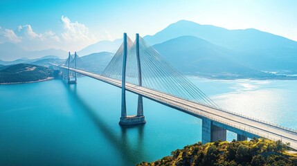 Obraz premium Aerial view of a modern cable-stayed bridge spanning a tranquil blue bay, with mountains in the background