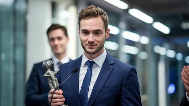 Confident businessman accepting award while colleagues applaud in modern corporate setting