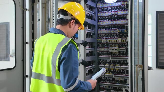 Electrician wearing safety helmet and reflective vest performing substation local control cabinet inspection with clipboard industrial environment technician checking switch panel for maintenance