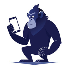 Silhouette of Ape Using Smartphone and Holding Tablet Vector – Modern Technology Concept, Digital Communication, Mobile Device Illustration for Tech and Business Designs