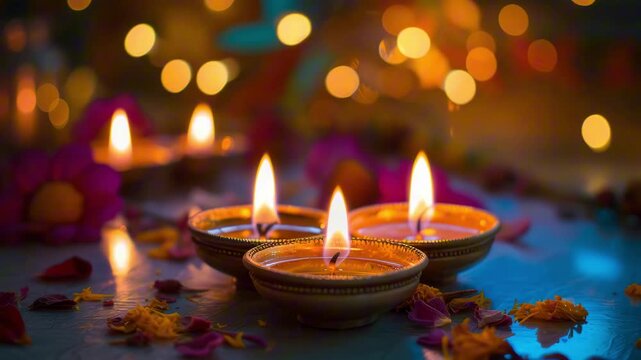 Diwali lamp with candle inside on festive dark background, indian goddess festival diwali and holi celebration concept
