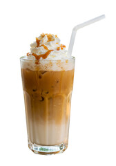 Iced Coffee PNG Photo Isolated On Black With Whipped Cream And Caramel