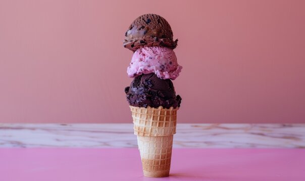 Towering trio stacked ice cream cone with chocolate strawberry and dark cherry