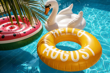 Hello August! A yellow  inflatable ring with greeting text, swan-shaped pool float and watermelon-shaped mattress arranged in crystal-clear turquoise water.	