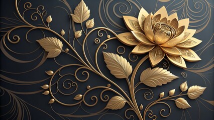 Elegant golden lotus blossom with intricate details on dark backdrop brings luxurious serenity