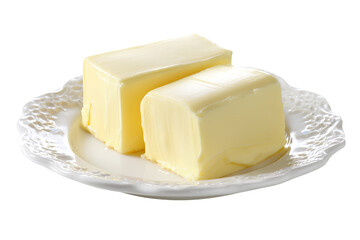 Two butter blocks on a plate against an isolated  Transparent background PNG