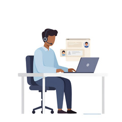Illustration Of Man Working With Laptop In A Call Center With Black Background
