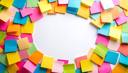 Colorful Post-it notes arranged in a rectangular frame around a blank white surface, leaving ample copy space in the center 