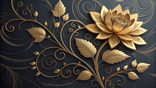 Elegant golden lotus blossom with intricate details on dark backdrop brings luxurious serenity