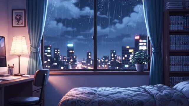 cozy pink bedroom by a full moon a large window. Soft, lofi music visualizer elements pulse in sync the music, creating a relaxing ambiance, 4k 2D Japanese anime-style purple colors manga Lofi video
