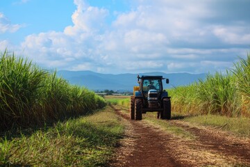Tractor transporting harvest from sugar cane farm