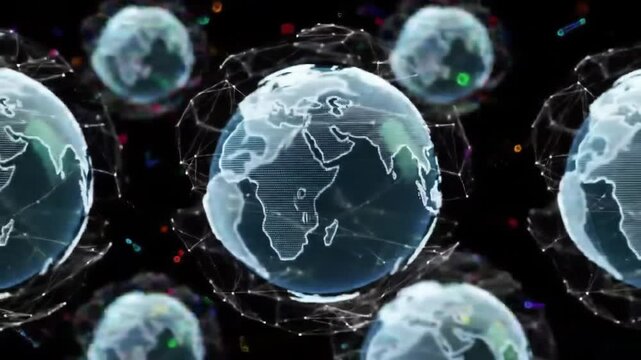 Dynamic digital globes connect across vast network, representing global communication