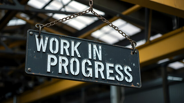 A black metal sign that says WORK IN PROGRESS on it, hanging with metal chain from a celling inside industrial hall, 16-9