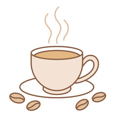 Hot coffee cup with coffee beans, steaming drink vector illustration icon