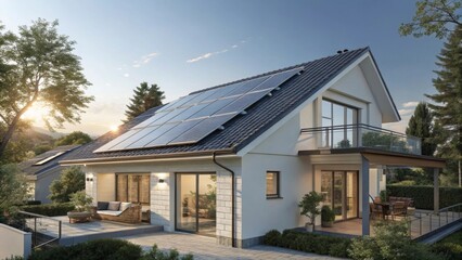 A modern house with solar panels on the roof and a patio with furniture in a green environment