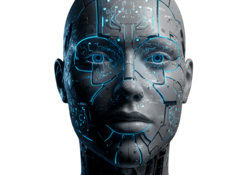 Futuristic Illustration Of A Robot Face With Glowing Blue Circuits On Black Background