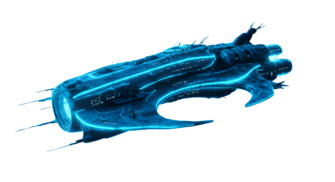 Futuristic Spaceship Illustration with Blue Glowing Lights in Space
