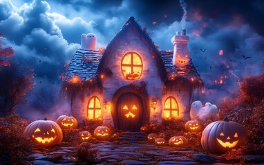 Spooky Halloween haunted house with glowing jack o lanterns and ghosts pumpkin