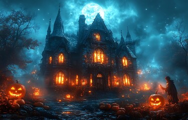 Spooky Halloween haunted mansion with glowing pumpkins and full moon haunted house night