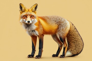 Fototapeta premium Alert red fox with bushy tail and golden eyes