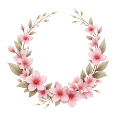 A delicate watercolor wreath with pink spring blossoms. An elegant circular floral frame isolated on a white background.