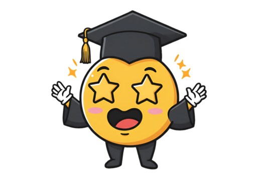 Illustration of Smiling Emoji in Graduation Gown with Star Eyes and Transparent Background - Powered by Adobe