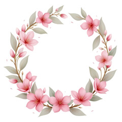 Fototapeta premium Elegant watercolor floral wreath with delicate pink spring blossoms. A beautiful round frame for invitations or greetings.