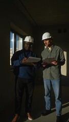 The builders are talking while discussing the details of the project while standing indoors