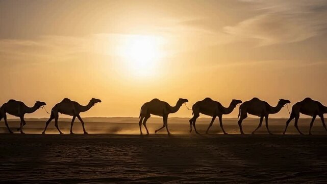Silhouette of camels walking across desert landscape during golden hour sunset