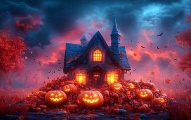 Spooky Halloween night with carved pumpkins and haunted house under red sky jack o lantern