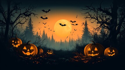 Spooky Halloween night with glowing jack o lanterns and flying bats pumpkin