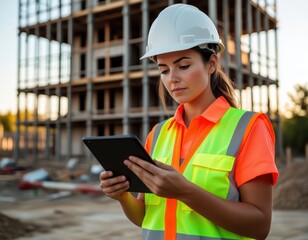 Woman in safety vest and helmet records data on tablet at construction site.