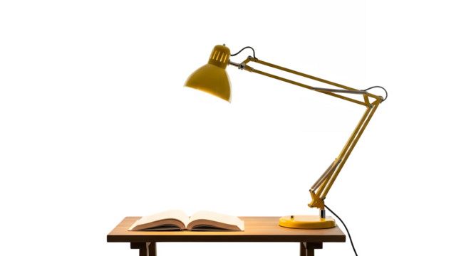 Illustration of a desk lamp on table with legal and financial balance symbols on white background