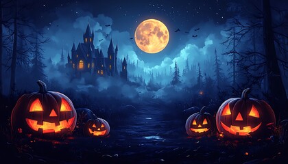 Spooky Halloween night with glowing jack o lanterns and haunted castle pumpkin
