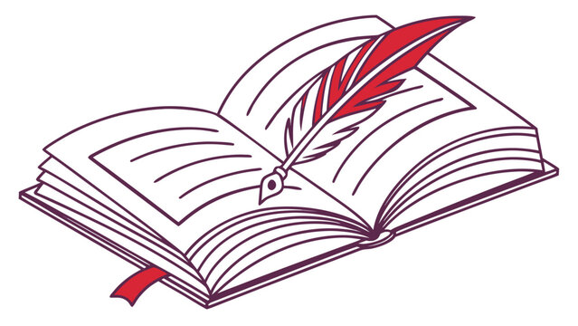 Open book with a red quill resting on the pages suggesting writing or storytelling and knowledge
