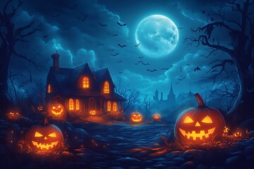 Spooky Halloween night with glowing jack o lanterns and haunted house pumpkin