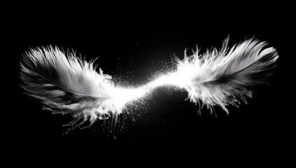 Obraz premium Two white feathers intertwined, radiating light
