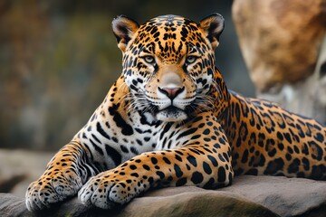 Obraz premium Jaguar resting on rock with gleaming fur