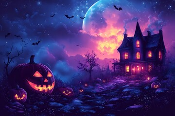 Spooky Halloween night with glowing jack o lanterns and haunted house under moon image