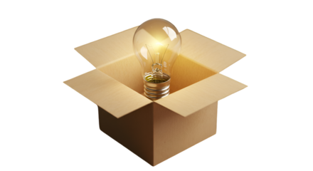 Illuminated Lightbulb Inside a Cardboard Box on Transparent Black Background