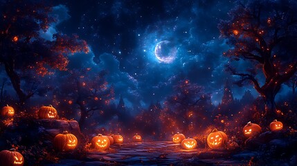 Spooky Halloween night with glowing jack o lanterns under a full moon pumpkin