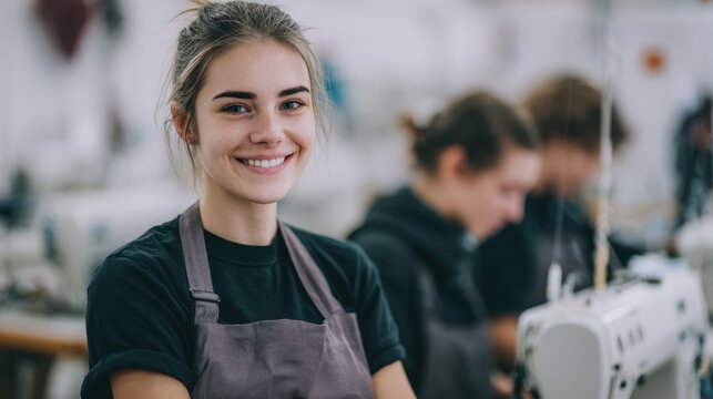 Young female seamstress smiling in sewing workshop,National Sewing Month - Powered by Adobe