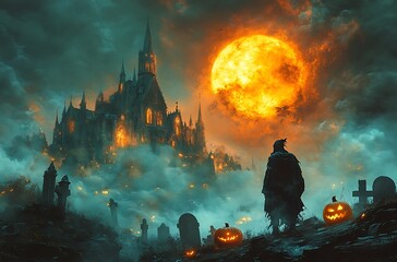 Spooky Halloween night with haunted castle glowing pumpkins and cloaked figure gothic