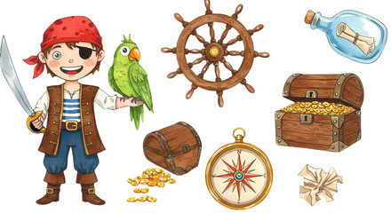 Illustration Of A Pirate Boy With His Parrot And Treasure Chest On Isolated Background