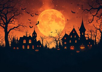 Spooky Halloween night with haunted houses and glowing pumpkins under a full moon image