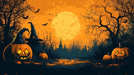 Spooky Halloween night with jack o lanterns and witches hats under a full moon pumpkin