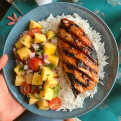 Grilled chicken with mango salsa and rice healthy food dish