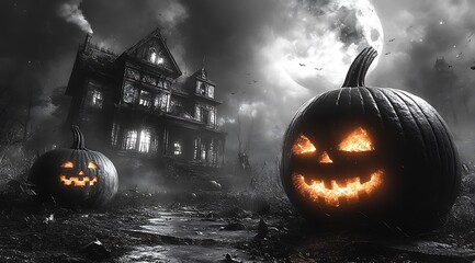 Spooky Halloween night with jack o lanterns and haunted mansion under full moon pumpkin
